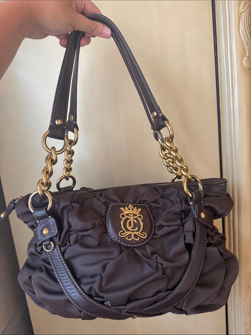 Quilted Chocolate Brown Shoulder Bag with Gold Chain Accents
